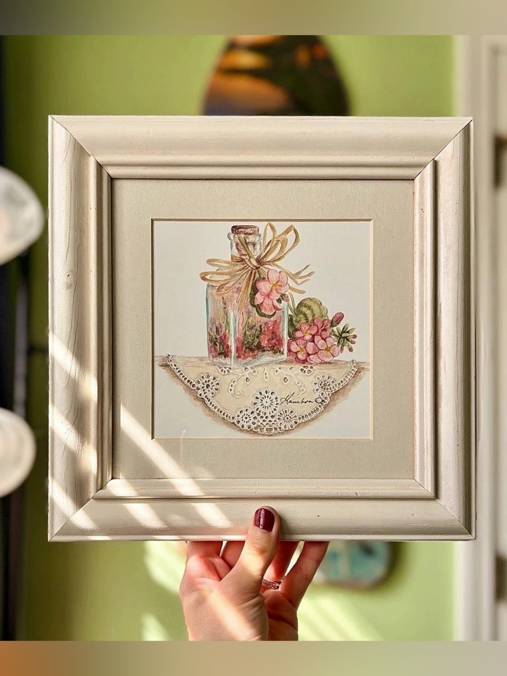 Wood Framed Vintage Still Life Floral Bottle on Doily Art in White & Pink